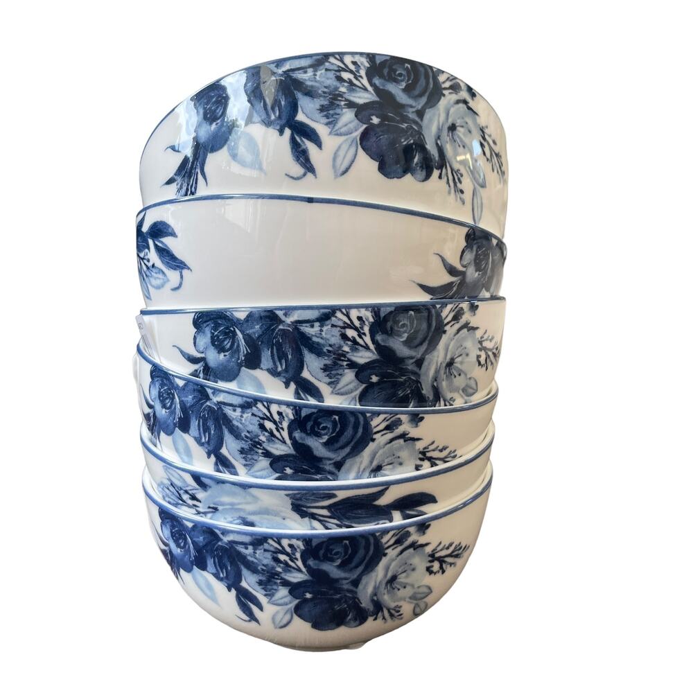 Mikasa Darcy Blue & White Floral Bone China 4.5" Dessert Bowls Set of 6 New